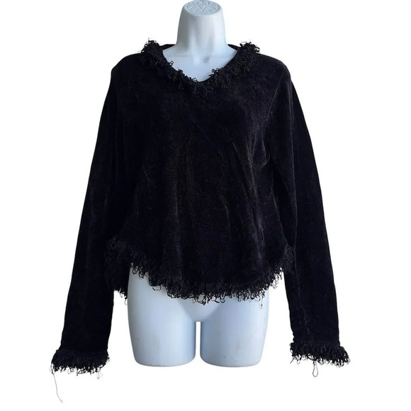 Central Falls Sweaters - Central Falls Fringe Chenille Sweater Size L Long Sleeve Black V-neck Pullover